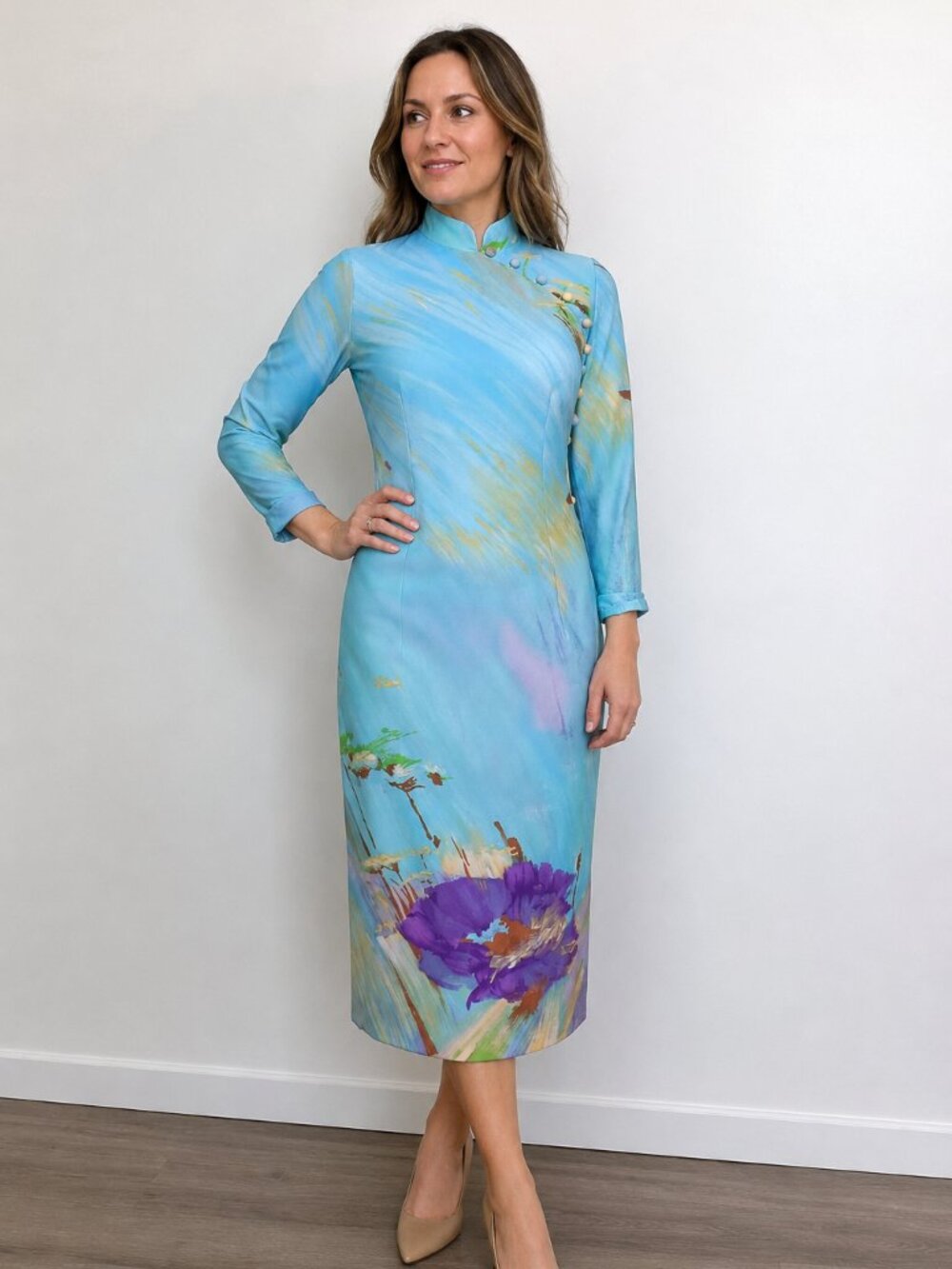 JULIE MILLER OF CALIFORNIA Watercolor 80s Mandarin Collar Dress, Size Small